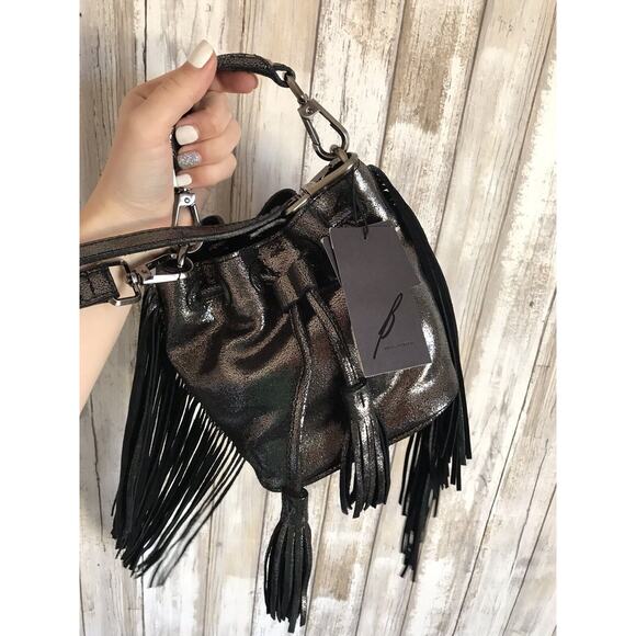 BRIAN ATWOOD Pippa Drawstring Small Metallic Gray Pewter Leather Bucket Bag NWT - Picture 3 of 12